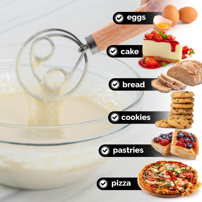 Kitchen Danish Dough Whisk - Wooden Danish Whisk for Dough with Stainless Steel Dough Hook - Traditional Dutch Whisk - Bread