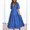 Summer Sexy Deep V-neck Long Dress For Women Office Lady Solid Puff Sleeve Dress Fashion Casual Shirring A-line Robe 25816