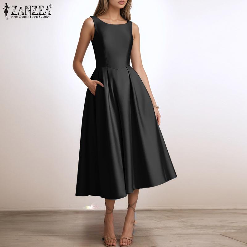 ZANZEA Women Casual Round Neck Summer Sleeveless A-Line Dress