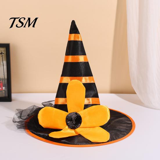 Halloween Costume Hat Witch for Women Girls, Large Striped Wizard Parent Child Festival Photo Props with Flower Accessories, Cosplay, Party Girls