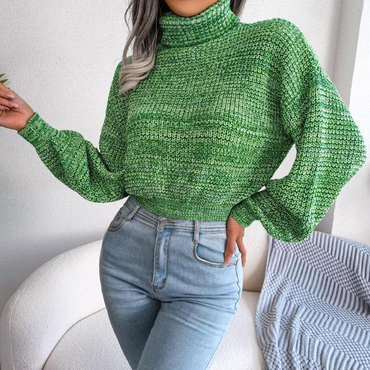 Turtleneck Long Sleeve Women Loose Sweater Mixed Color All Match Fall Winter Lantern S-L S зелёный
