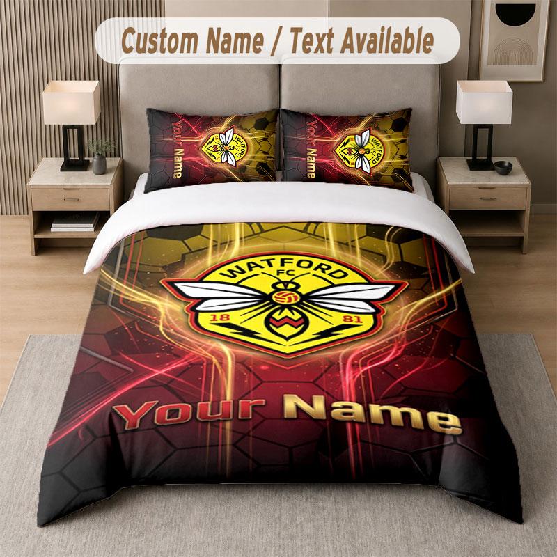 Set Biancheria da Letto Personalizzato Motivo Watford FC, Stampa Nome Testo 1 Copripiumino più 2 Federe Tessile per la Casa