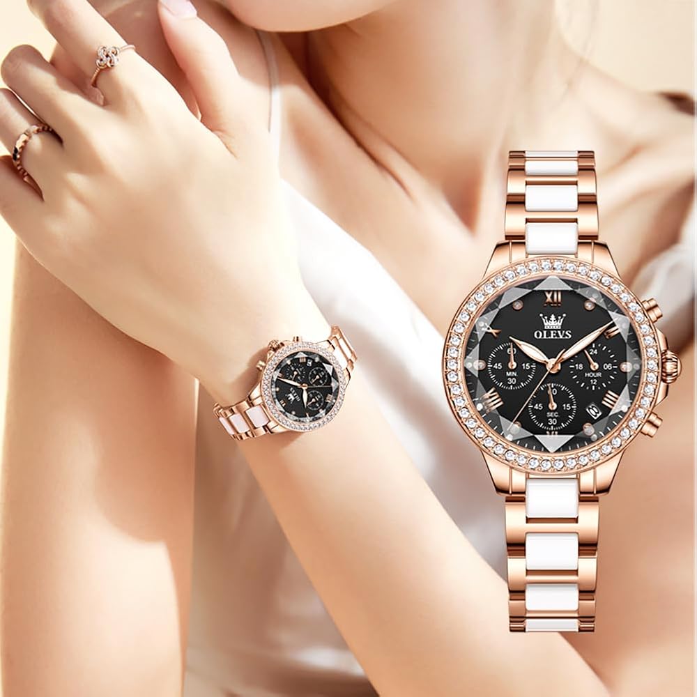 OLEVS Women's Elegant Rose Gold Automatic Mechanical Watch with Diamond Ceramic Band and Skeleton Design, Black/Rose Gold