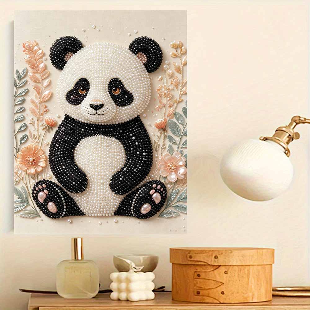 Creative DIY Framed Pearl Art Kit with Cute Panda Floral Pattern Sparkling Bead Canvas Ready to Display Relaxing Gift for Adults Craft Decor