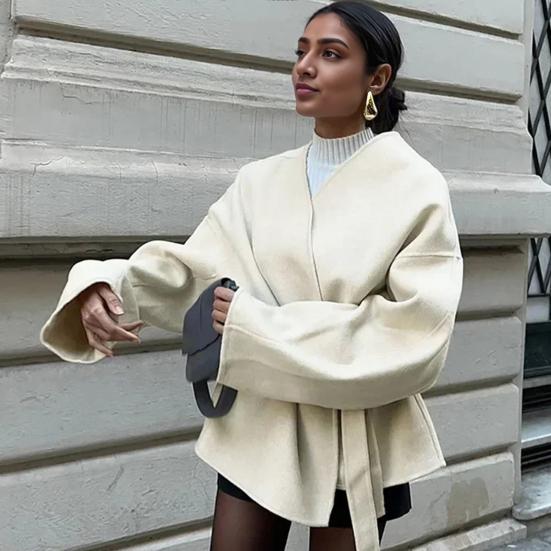 Women Wool Coat Thick Loose Short Trench Coat with Belt Open Front Peacoat Jacket Winter Warm Overcoat