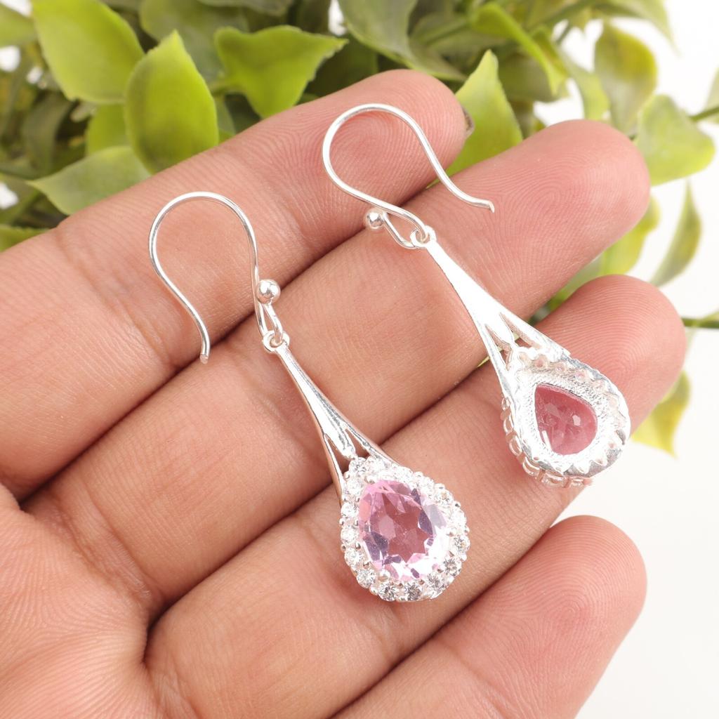 Natural Morganite Gemstone 925 Solid Silver Jewelry Zircon Women Earrings 1.86" CZE-7-13