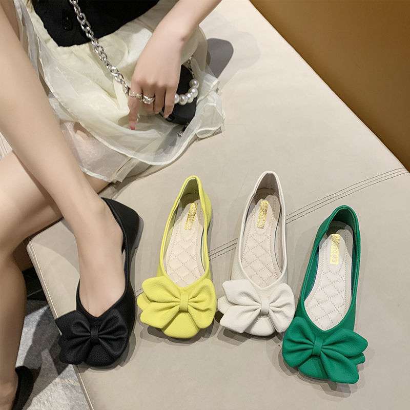 Single shoes women's spring and summer new Korean version of square head flat bottom bow women's shoes low-top shoes Doudou pedal lazy shoes tide