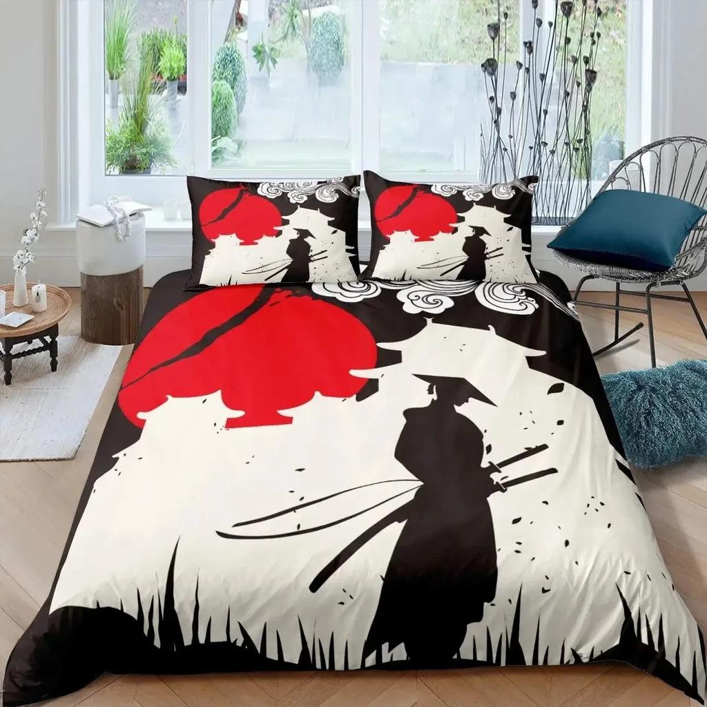 Soldier Duvet Cover Set Teens Boys Japanese-Style Warrior Bedding Set Comforter Cover Set Vintage Style Quilt Cover Full Size