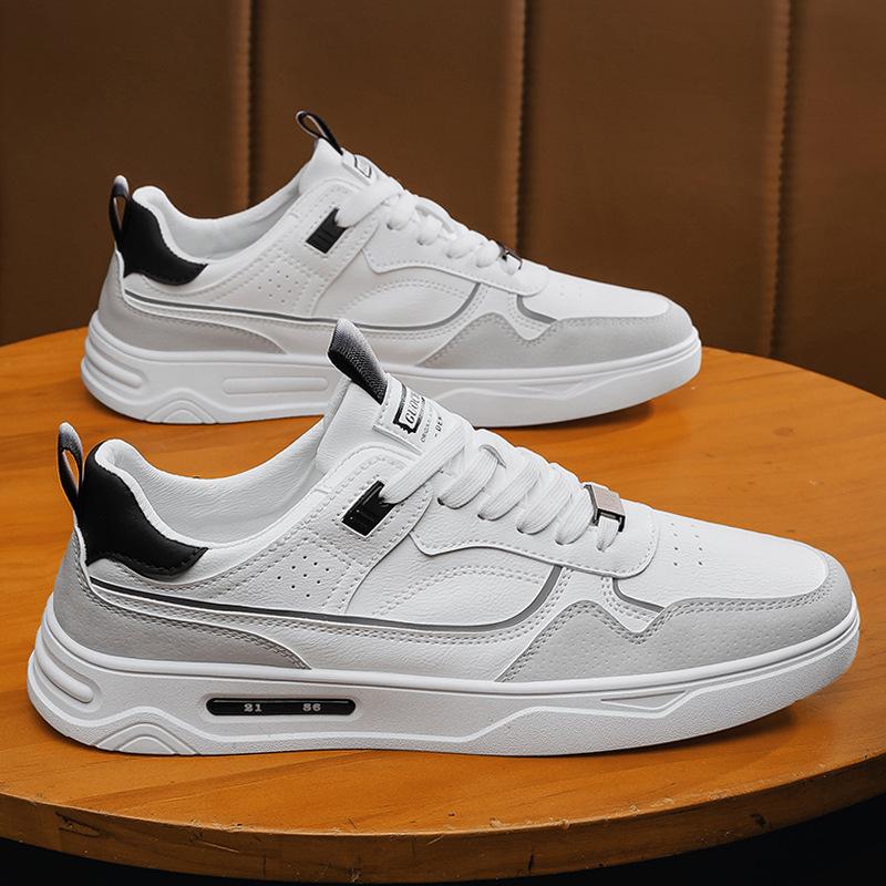 

2024 Autumn New Men Leather Casual Shoes Fashion Cool Patchwork White Flat Skateboard Shoes Man Leather Sneakers 44 белый