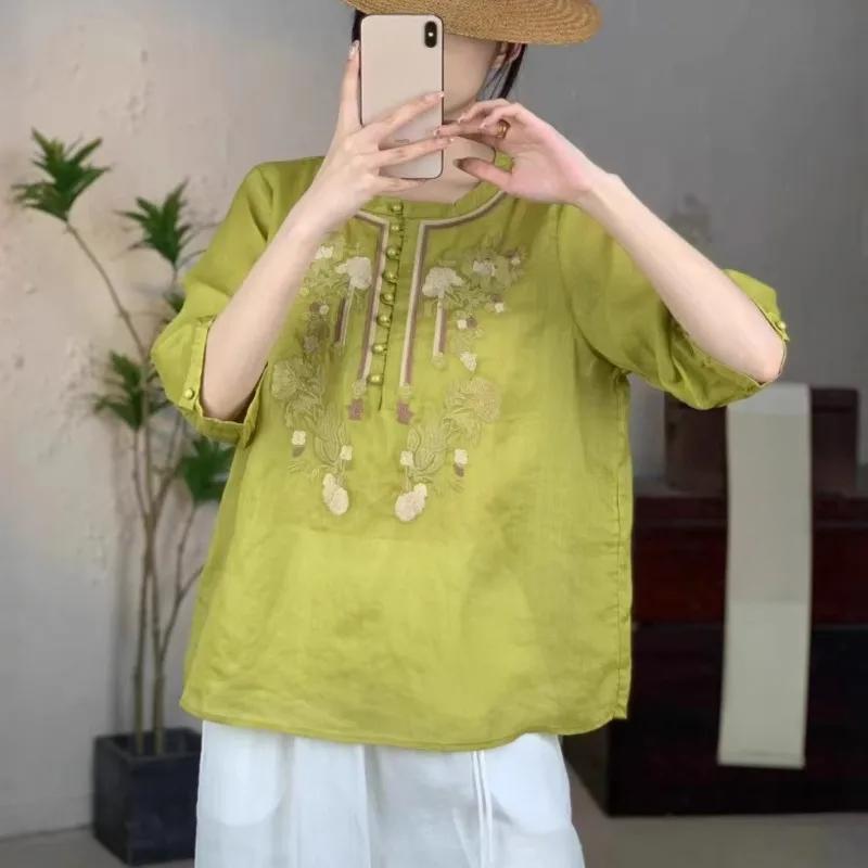 Johnature Women Embroidery Floral Shirts Tops O-Neck Half Sleeve Blouses Summer Vintage Solid Color Shirts