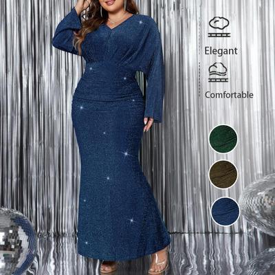 V-Neck Sparkling Plus Size Fishtail Evening Dress with Long Sleeves