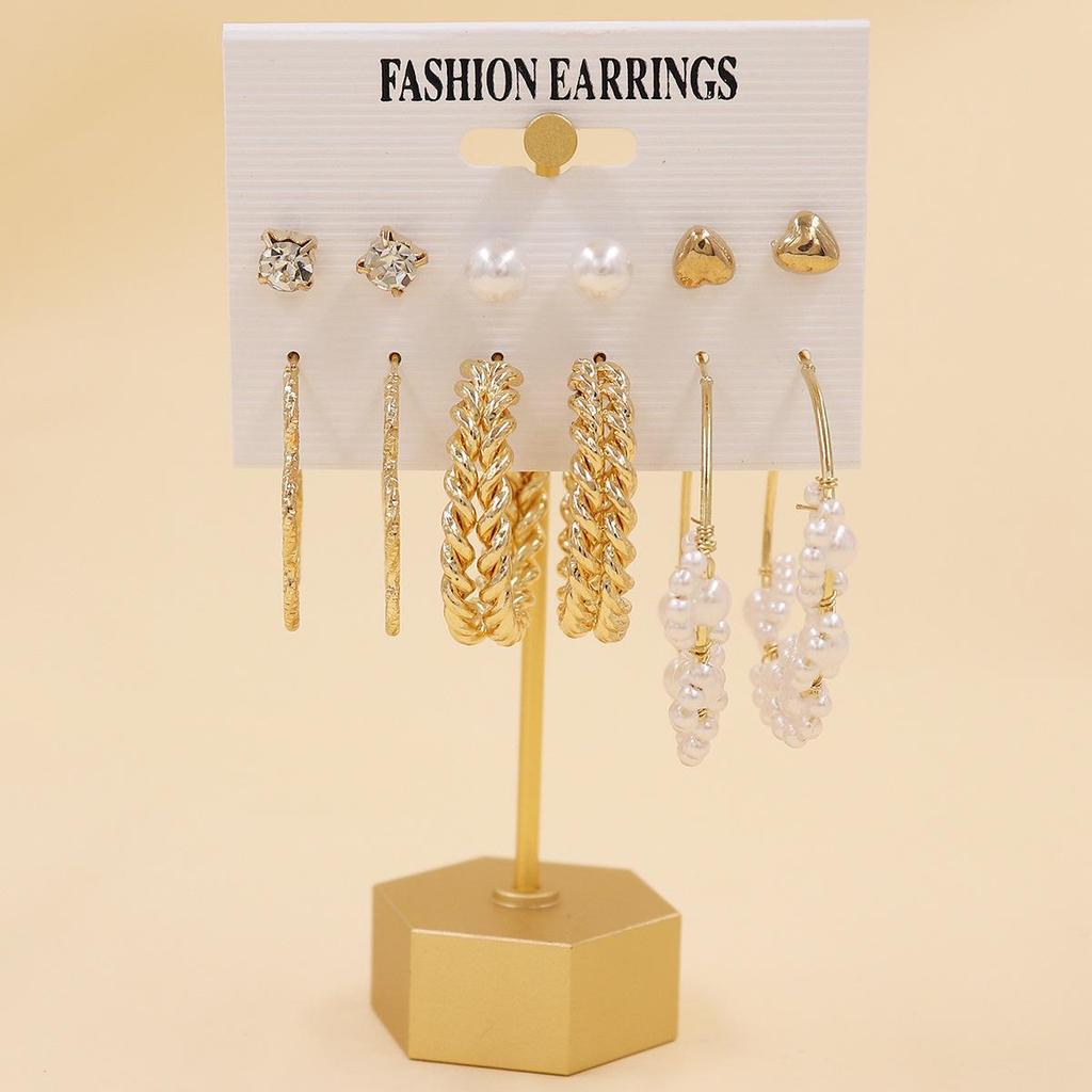 2024 European & American Fashion: Exaggerated Pearl & Crystal Butterfly Stud Earrings - 6 Pairs Set for Women