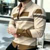 Men's Shirt Trendy Men's Color Block Splicing Long Sleeve Shirt Horizontal Stripe Decorative Collar Shirt European and American