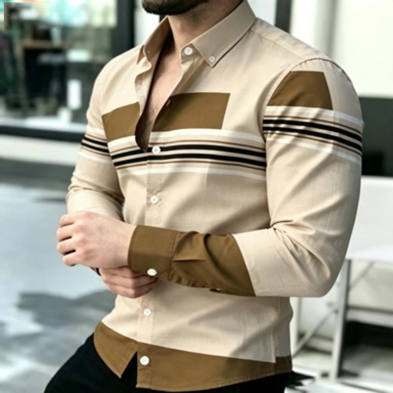 Men's Shirt Trendy Men's Color Block Splicing Long Sleeve Shirt Horizontal Stripe Decorative Collar Shirt European and American