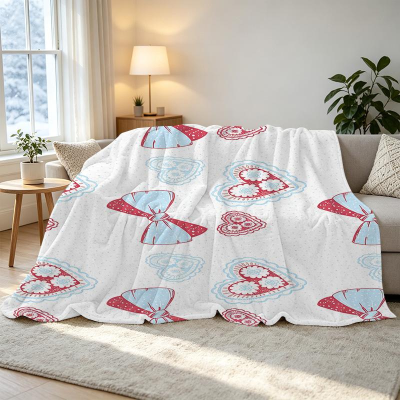 Flannel Blanket with Cute Bow & Heart Design, Soft Warm Cozy Couch Throw for Living Room, Christmas & Halloween Decor Gift