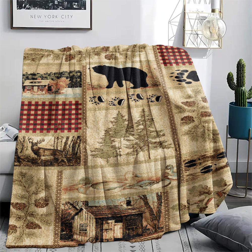 1Pc Cabin Bear Print Flannel Blanket, High Quality Comfortable for All Seasons, Home Decor, Warmth and Comfort, Perfect for Gifts