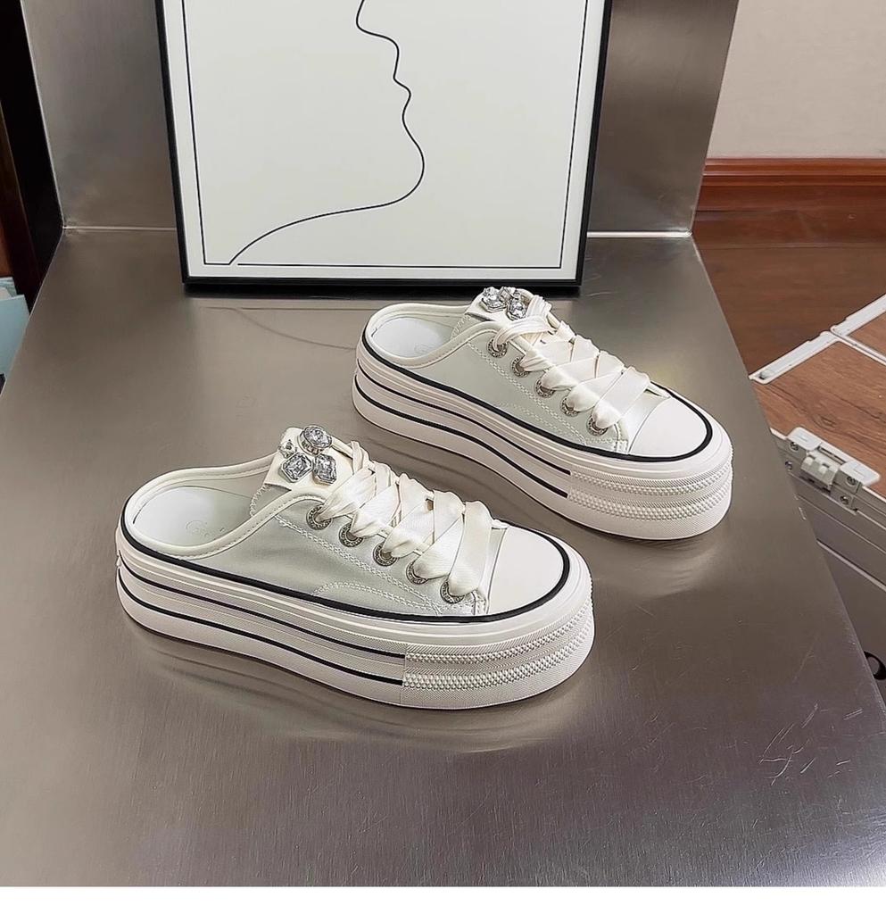 Half Slippers 2025 New Spring and Summer Super Fire Rhinestone Satin Surface Lazy Thick Bottom Versatile Bag Head Slippers Women's Wear