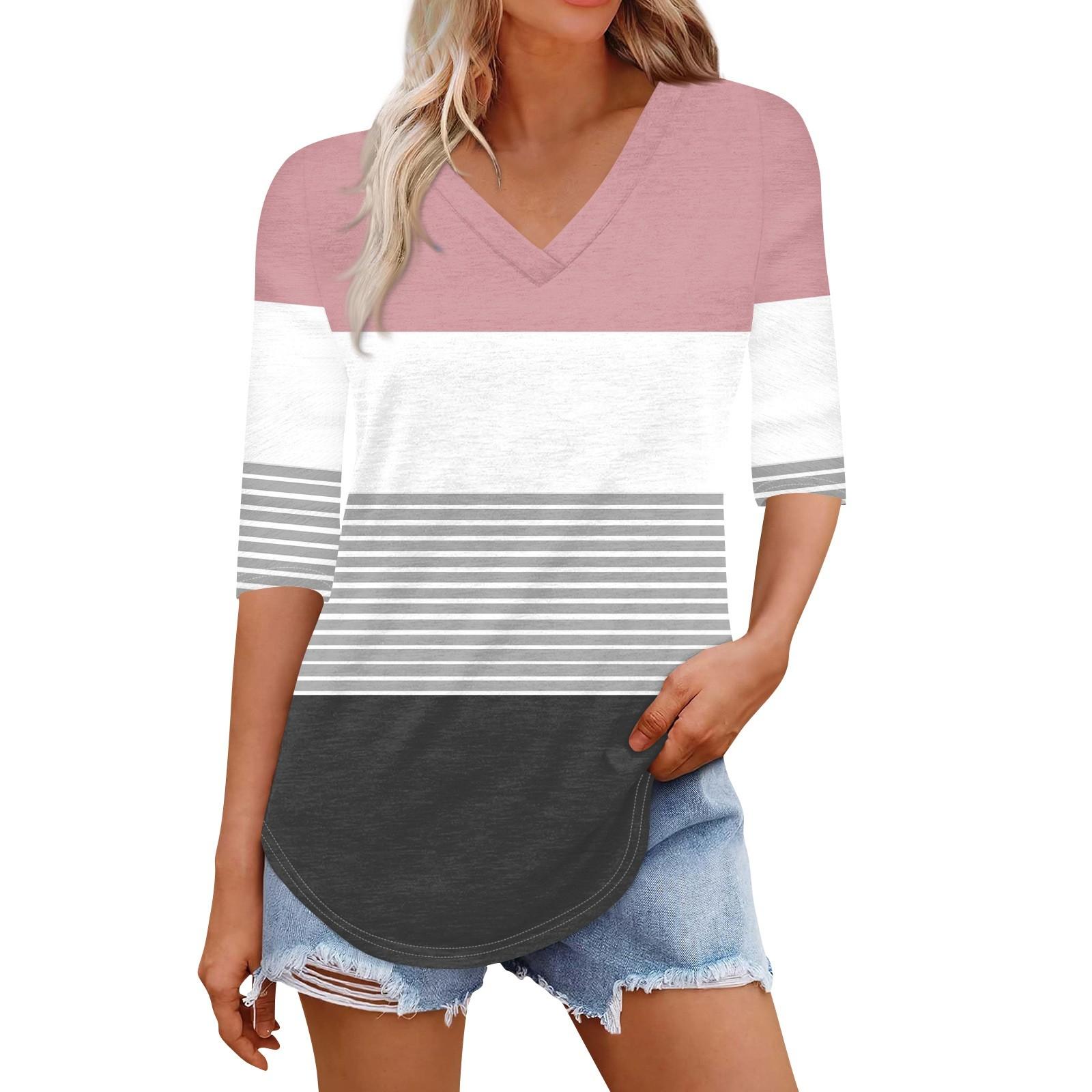 

Рубашки для женщин Модные футболки с V-образным вырезом Повседневные блузки с принтом Топы с коротким рукавом для женщин XL арбуз красный