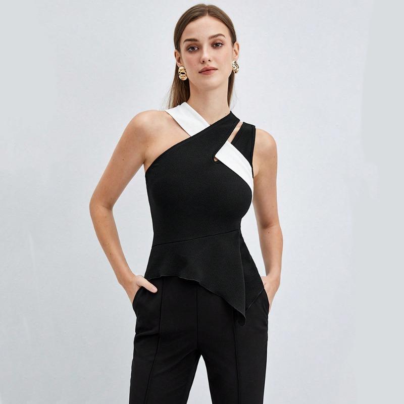 Women Asymmetrical One Shoulder Color Block Peplum Top Sleeveless Fitted Blouse S чёрный