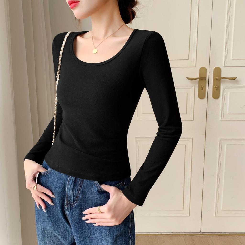 Women's Fleece-Lined Slim-Fit Base Layer: Round Neck, Long Sleeve, Stylish & Warm for Autumn/Winter.