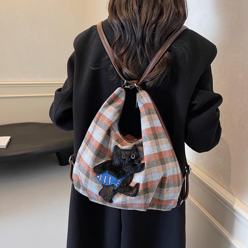 Large Capacity Premium Tote Bag Women's Bag 2025 New Woolen Plaid Tote Bag Fashion Backpack