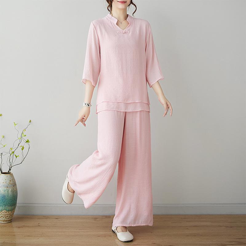 

Women s Zen-Style Summer Two-Piece Set: Chinese Ethnic Meditation & Yoga Outfit 2XL рожевий