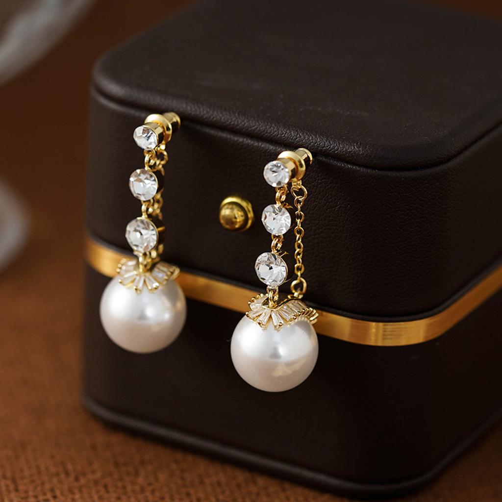 Japan and South Korea Exquisite Fashion Diamond Fringed Pearl Earrings Temperament Light Luxury Gentle Versatile High Sense Super Flash Earrings Women