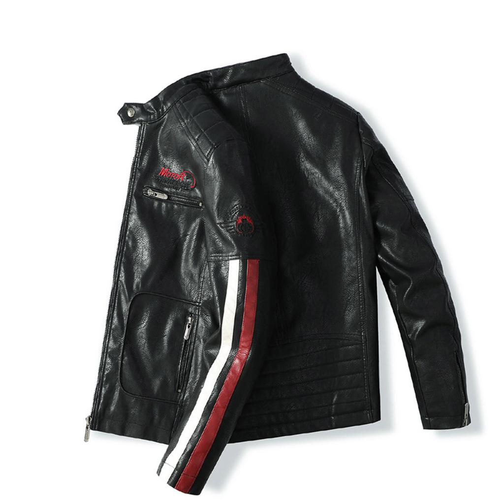Men's Motorcycle Leather Racing Suit Colorblock Embroidery Motorcycle PU Jacket Windproof Cotton Jacket