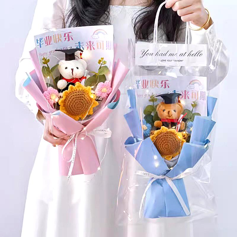Graduation Flower Bouquet Sunflower knitted Flowers Finished Hand Woven Cute Bear Crochet Flowers Bouquet Artificial Flowers