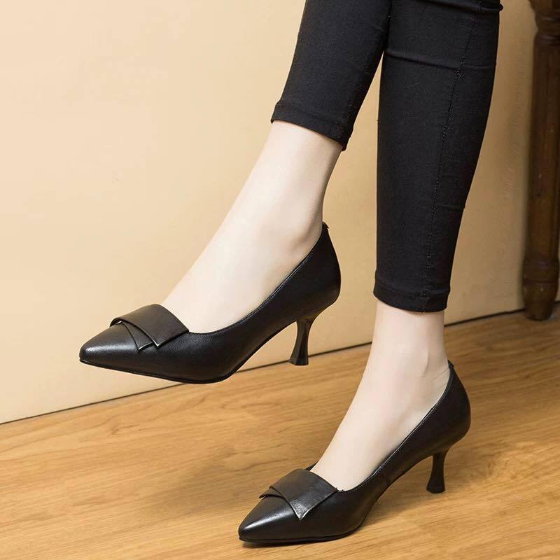 Dámské boty z pravé kůže Lodičky s špičatou špičkou Vysoké podpatky Mělké Módní Černé Pracovní boty Dámské Společenské boty Nadměrná velikost 33-40