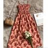 French rose print lace-up dress women's summer new design waist fashion suspender dress