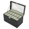 12-Slot Watch Box Case 3 Layers Watch Holder Organizer Display with 2 Velvet Drawer for Rings Bracelets Gifts For Birthday Black
