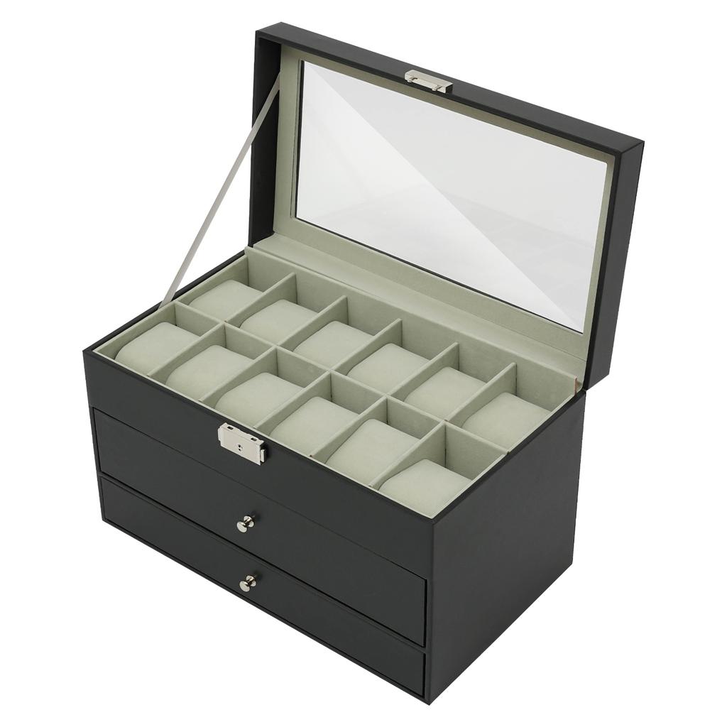 12-Slot Watch Box Case 3 Layers Watch Holder Organizer Display with 2 Velvet Drawer for Rings Bracelets Gifts For Birthday Black