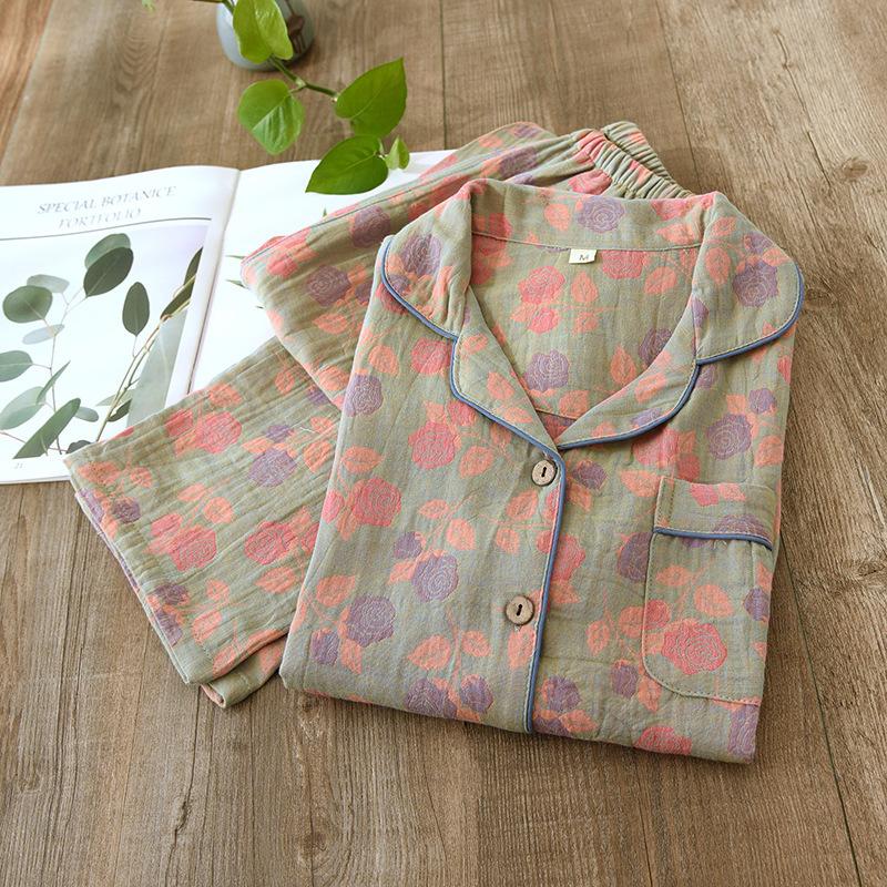 Yarn-dyed Floral Cotton Lapel Cardigan Long Sleeve Retro Home Clothes Set