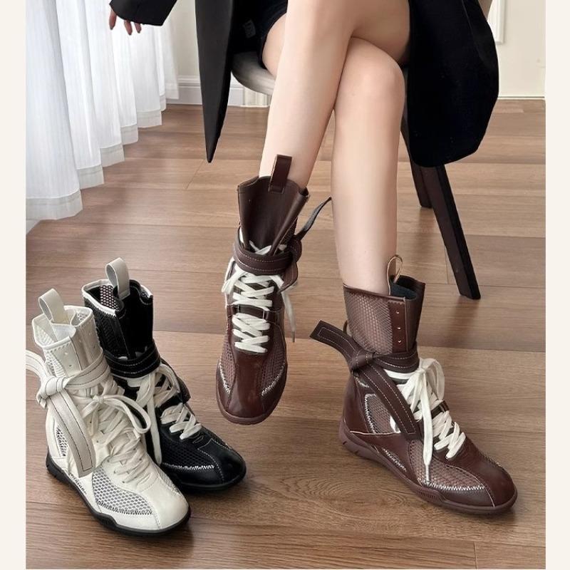 Hollow Breathable Short Boots Martin Boots Women's Summer New Inner Heightening Boxing Boots Retro Lace-up Medium Boots