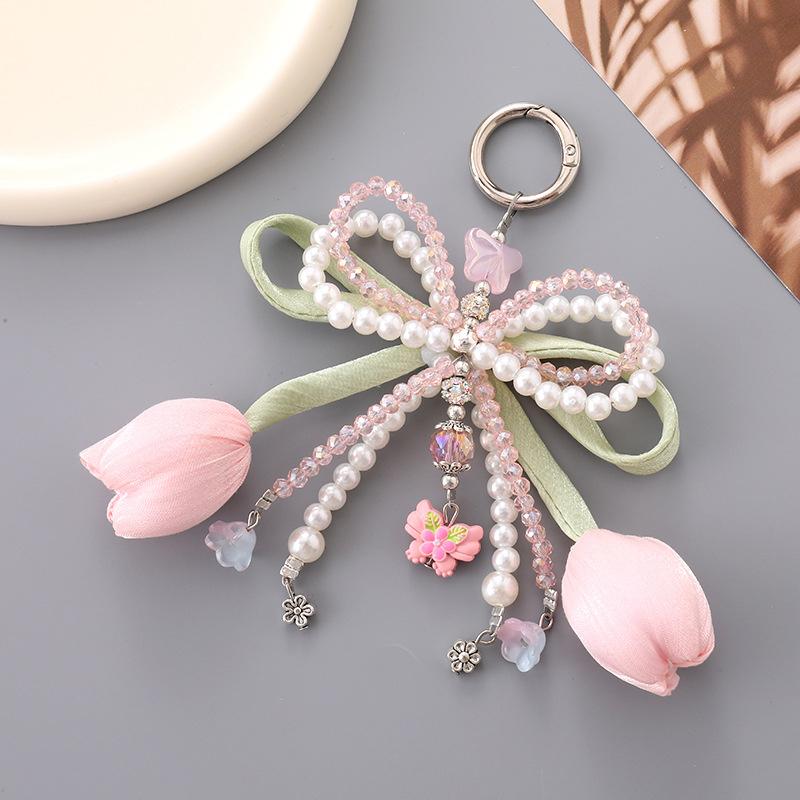 Ins Style Tulip Flower Keychain Sweet Bow Beaded Keyring Bag Pendant Earphone Case Hanging Decoration For Girls Gift