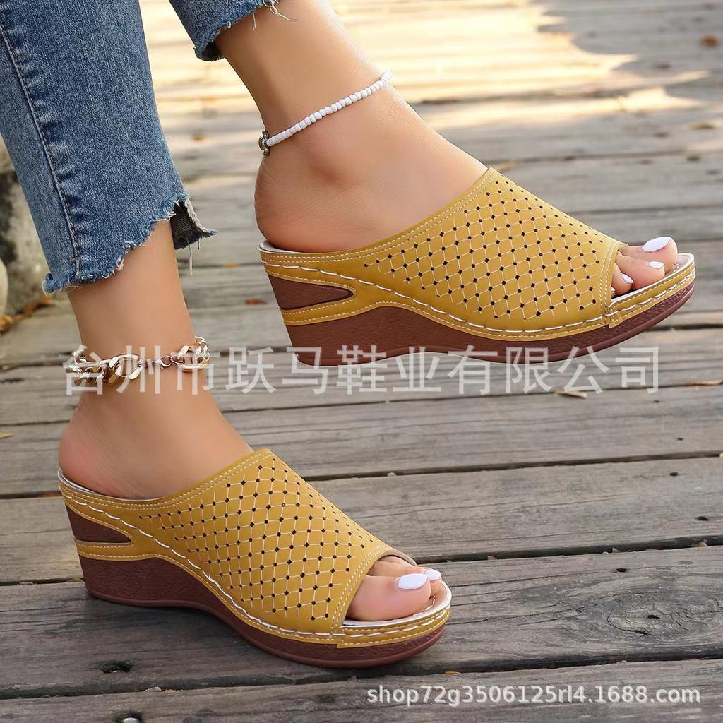 European and American sandals women's large-size wedges, summer new fish mouth laser hollow shoes wear cross-border slippers women