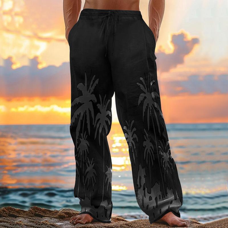 New beach men's printed casual cotton linen loose trousers