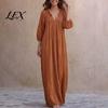 3/4 Sleeves Maxi Dress Bohemian Ruffle V-Neck Long Dress, for Comfortable Women Dresses Women, Solid Color Casual Loose Spring Fall Flowy