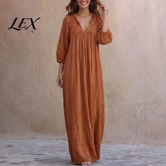 3/4 Sleeves Maxi Dress Bohemian Ruffle V-Neck Long Dress, for Comfortable Women Dresses Women, Solid Color Casual Loose Spring Fall Flowy