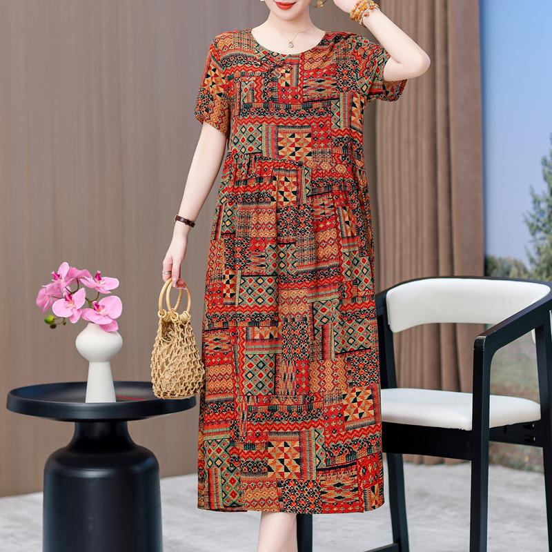Elegant Dresses for Women Plus Size Loose Casual Vintage Print Long Dress With Sleeves Summer Middle-aged Women's Clothing