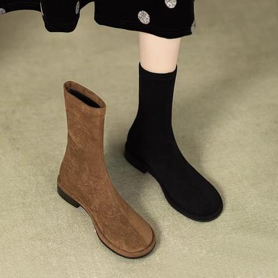 Sapatos de Novo Estilo: Botas Elásticas de Cano Médio com Biqueira Redonda, Botas de Cano Baixo Planas com Biqueira Redonda para Mulheres