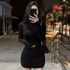 Black High Neck Long Sleeve Knit Bodycon Dress Women Slim Fit Short Mini Fall 2025