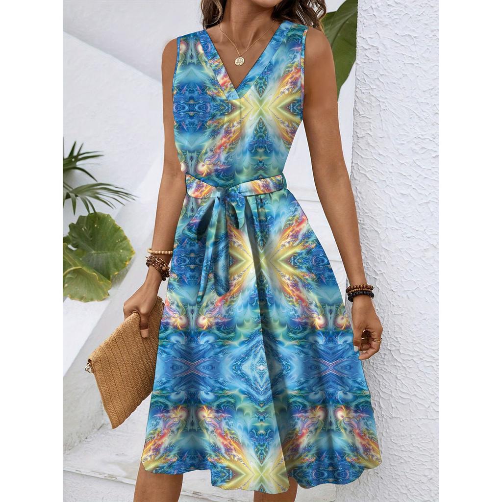 Women's Spring And Summer Casual V-Neck Sleeveless Waist Floral Print Midi Dress