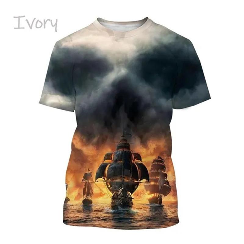 Pirate Ship Theme 3D Print Men's T-Shirt Summer Casual Men's Street T-Shirt Outdoor Sports Short Sleeve Fashion Men's T-Shirt