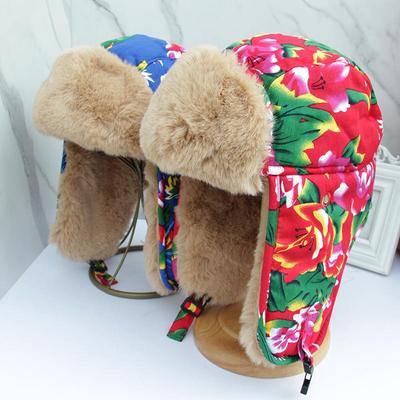 Lei Feng hat Winter Herren und Damen Nordost Großblumen Rotbodenhut Verdickt Warm Kälteohrenhut Samt Skimütze