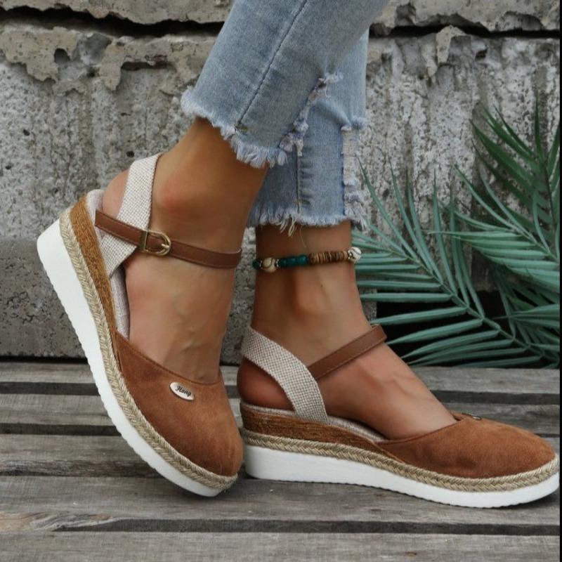 New Fashion Plus Size Women's Closed Toe Wedge Heel Thick Sole Hemp Splicing Roman Sandals