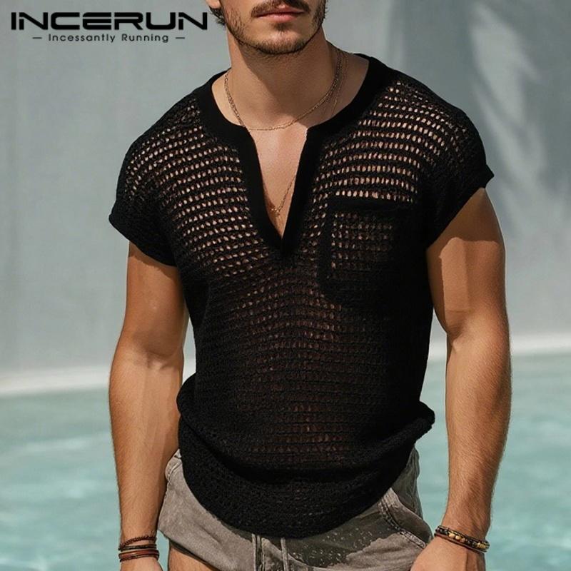 INCERUN Summer Men Short Sleeves See Through Mesh Tops T-shirts