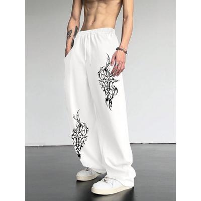 Men's Fashionable Casual Loose Wide Leg Pants with Totem Print Design, Street Hip-hop Style Hanging Sports Pants, Casual Outdoor
