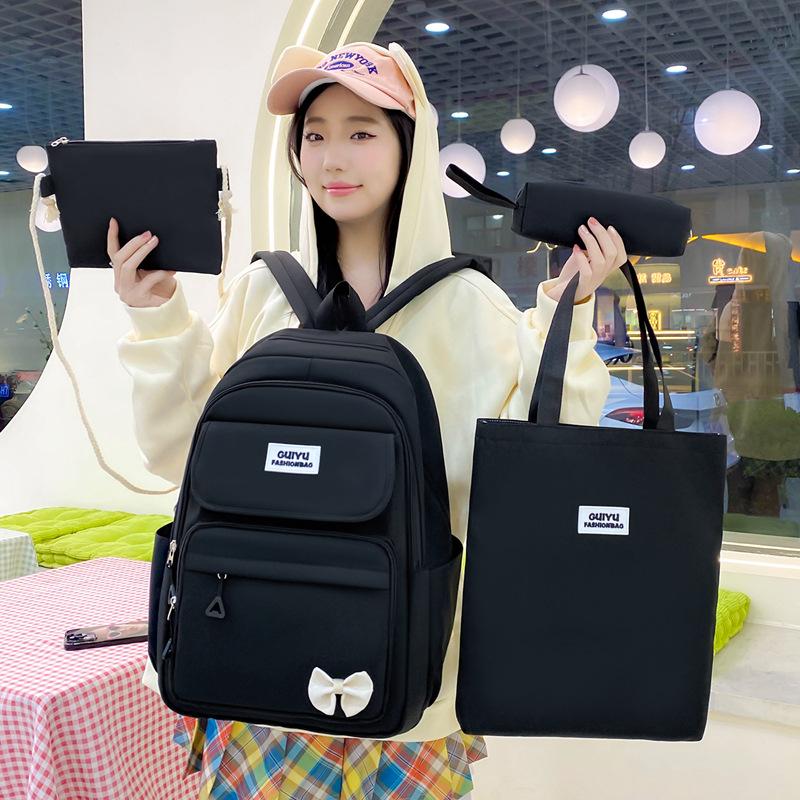 Fresh and Multi Purpose Four Piece School Bag Girl Solid Color Campus Backpack High Value Large Capacity School Bag